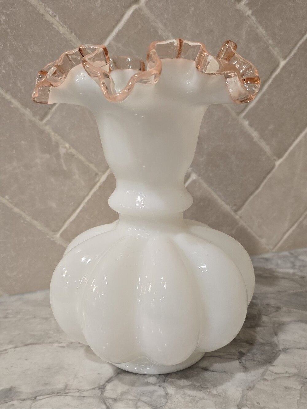 Antique Fenton Art Glass Milkglass Vase Rose Crest Pink White Feminine Whimsical